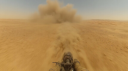 Obraz premium A person riding a vehicle across a vast dusty desert landscape