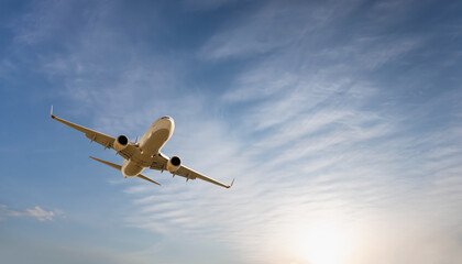 White passenger airplane flying in the sky amazing clouds in the background - Travel by air transport