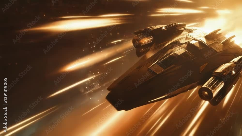 Poster futuristic spaceship navigating through a cosmic hyperspace environment, leaving trails of light and