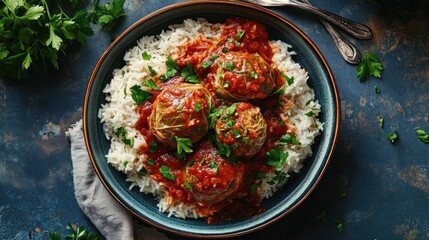 Stuffed Cabbage Rolls with Rice, Served in a Bowl on a Dark Background