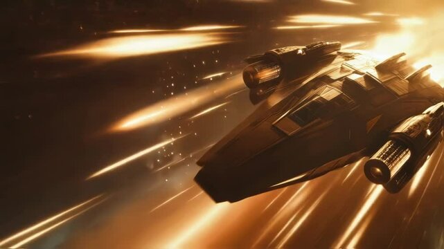 Futuristic spaceship navigating through a cosmic hyperspace environment, leaving trails of light and energy as it travels at immense speed through the galaxy