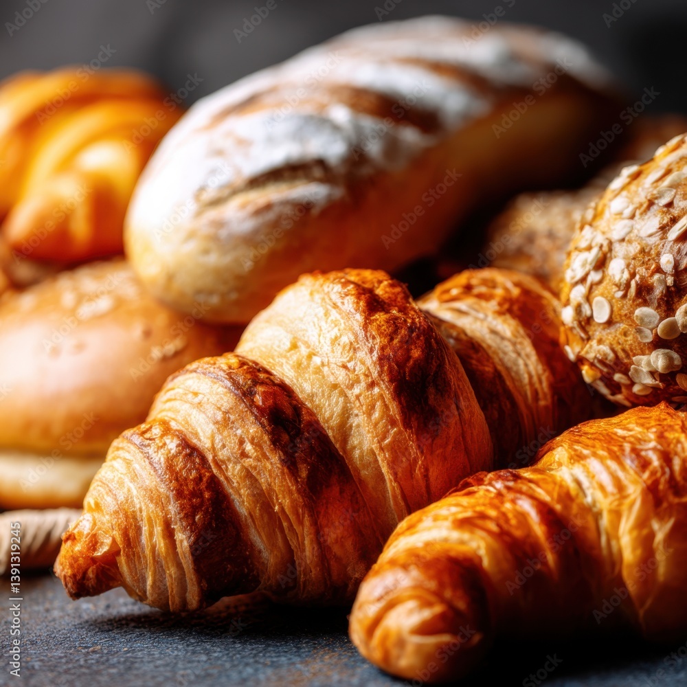 Poster golden croissants and artisan bread displayed in a rustic setting with warm lighting and a close up 