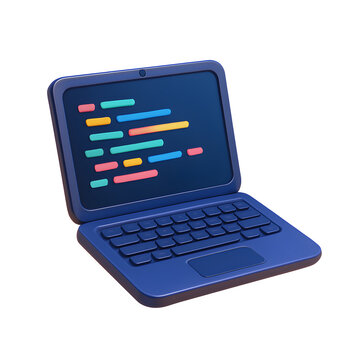 3D laptop icon showing colorful programming code blocks on screen, representing software development, coding or IT design.
