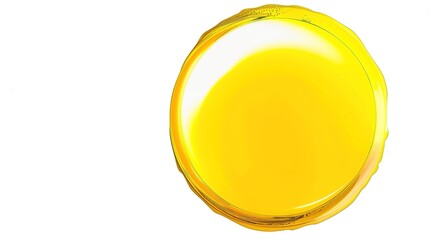 A circular droplet of yellow oily liquid is prominently presented, isolated on a clean white background, a remarkable creation of generative AI. The distinct circular shape and the bright yellow 