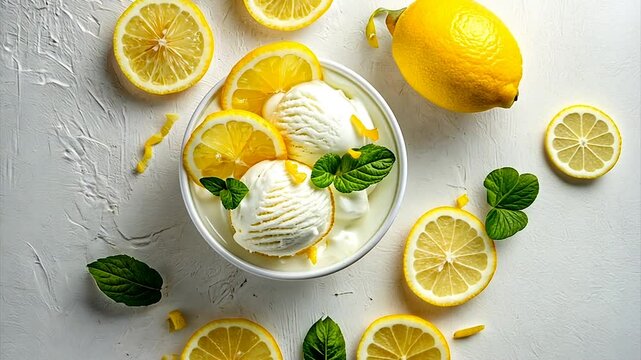 Refreshing lemon ice cream scoops served in a bowl with lemon slices and mint leaves