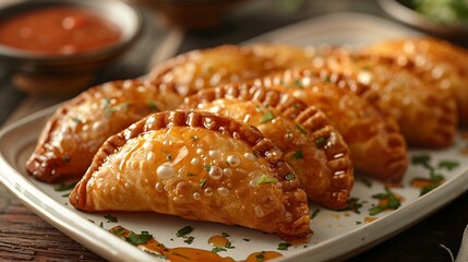 Indian khaja layered fried pastry dipped sugar syrup arranged on white ceramic tray