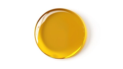 A circular droplet of yellow oily liquid is prominently presented, isolated on a clean white background, a remarkable creation of generative AI. The distinct circular shape and the bright yellow 