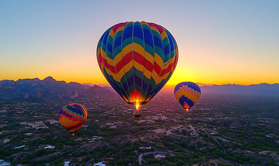 Naklejka premium Colorful Hot Air Balloons Ascending at Sunrise Over Desert Landscape
