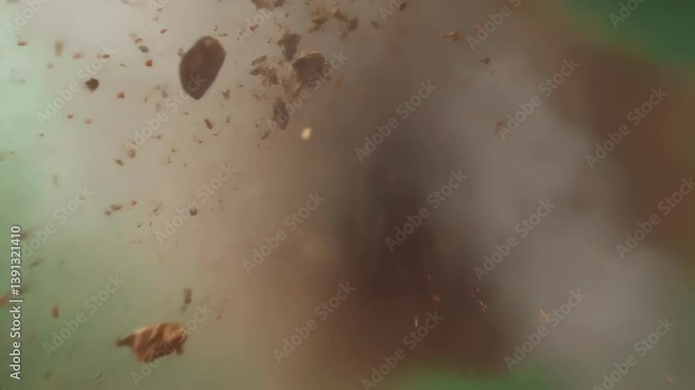 Poster brown explosion creating a large cloud of dust and debris expanding on a chroma key background, perf