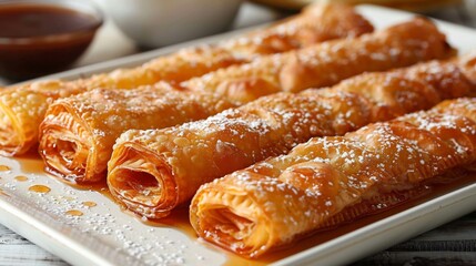 Indian khaja layered fried pastry dipped sugar syrup arranged on white ceramic tray