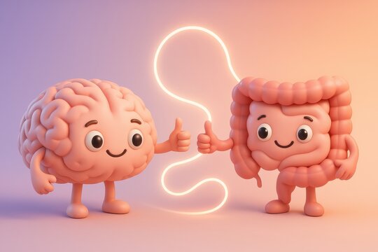 Brain-Gut Connection: An animated illustration of a friendly brain and a happy intestine, highlighting the vital connection between the mind and digestive health