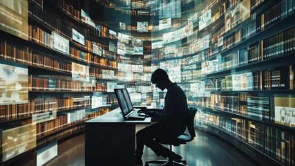 Digital library exploration concept with a person working on a laptop surrounded virtual bookshelves - Powered by Adobe