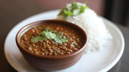 Small bowl of lentil curry placed on a clean white plate with a mound of steamed rice