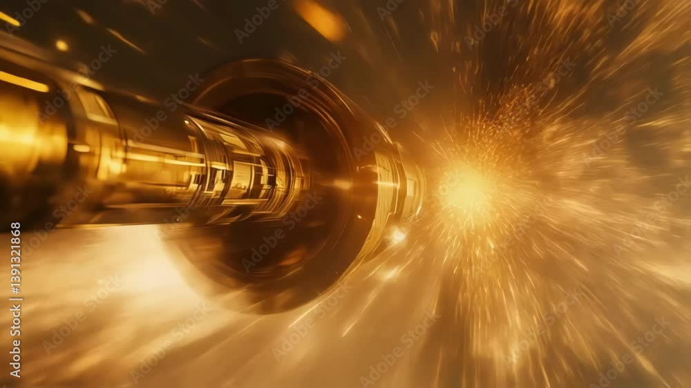 Poster golden light radiating from spacetime portal, luminous particles exploding as spacecraft traveling a