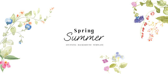 Abstract spring floral art background vector illustration. Watercolor hand painted botanical flower, leaves, eucalyptus, wildflower. Design for wallpaper, banner, card, print, wedding.