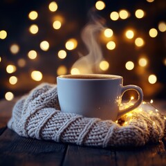 Cozy coffee cup with steaming beverage and warm knit blanket on wooden table amidst festive bokeh lights