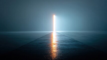 Fototapeta premium A glowing doorway illuminates a dark, reflective space, creating a sense of mystery and beckoning exploration.