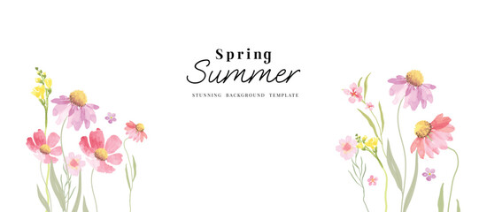 Abstract spring floral art background vector illustration. Watercolor hand painted botanical flower, leaves, eucalyptus, wildflower. Design for wallpaper, banner, card, print, wedding.