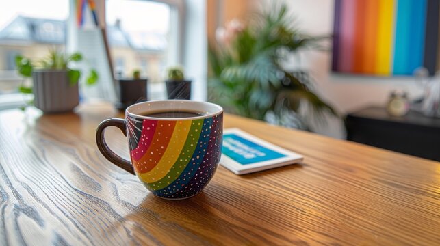 Contemporary office workspace featuring inclusion matters quote, rainbow flag, and coffee cup