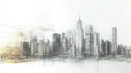 A grayscale pencil sketch depicting a modern urban city skyline