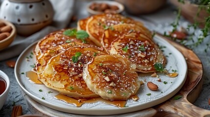 Indian malpua syrup soaked fried pancakes garnished nuts arranged on white tray