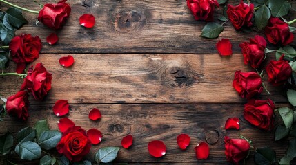 A wooden frame with red roses and rose petals surrounding it