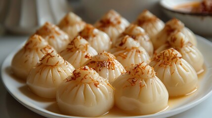 Indian modak steamed rice dumplings coconut filling arranged in a pyramid on white tray