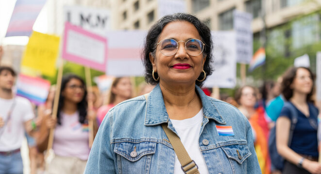 Mature asian female participating in a diverse pride parade with supporters - Powered by Adobe