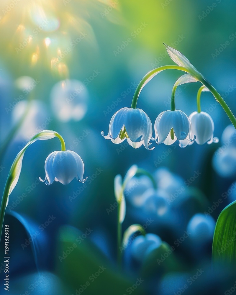 Poster serene lily of the valley flowers in a tranquil garden setting with soft sunlight and dreamy bokeh e