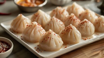 Indian modak steamed rice dumplings coconut filling arranged in a pyramid on white tray