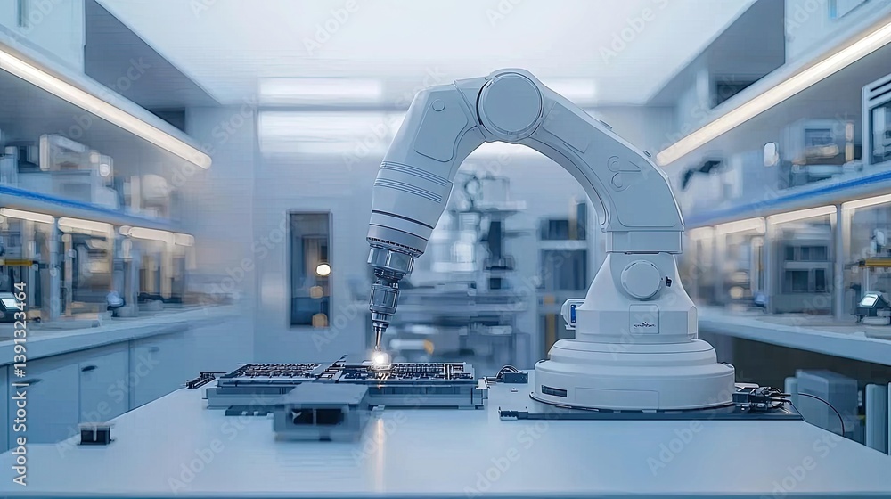 Aufkleber high-tech factory: robotic arm in automated manufacturing process