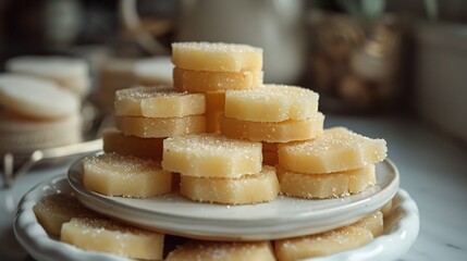 Indian peda milk fudge sweets round shapes stacked neatly on a white ceramic plate