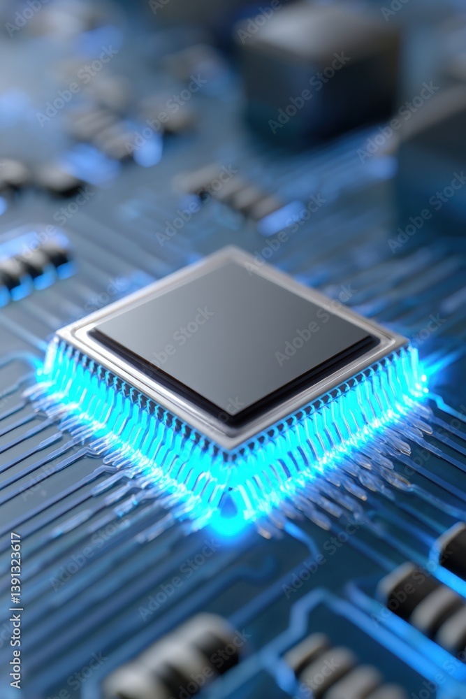 Poster close up of a luminous central processing unit on a circuit board with a blue glow highlighting its 