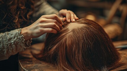 Naklejka premium A wig maker carefully attaching hair to a wig head