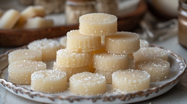 Indian peda milk fudge sweets round shapes stacked neatly on a white ceramic plate