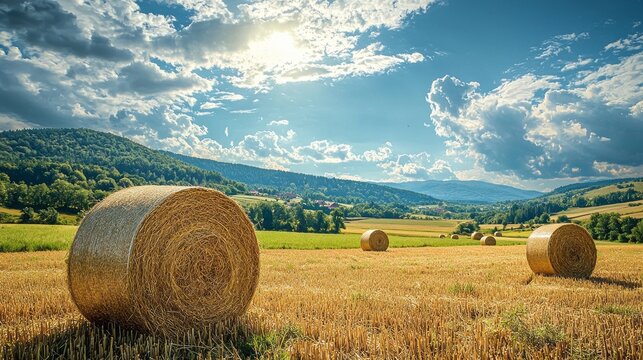 A field of hay bales with a clear blue sky in the background