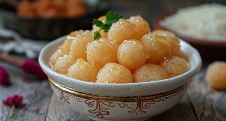 Indian rasgulla white syrup soaked cheese balls arranged a white dessert bowl