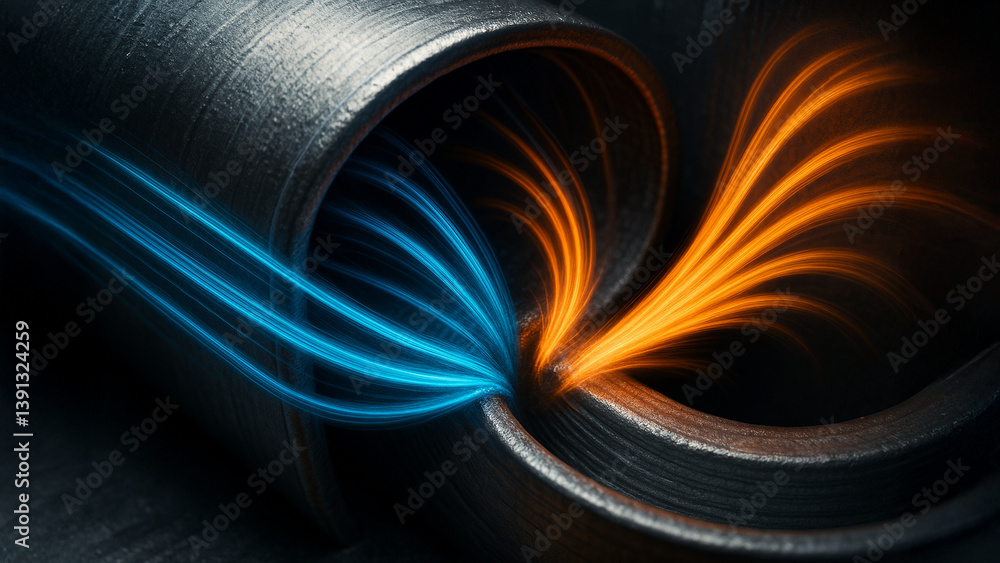 Poster air flows through duct in innovative engineering design showcasing dynamic interaction of blue and o