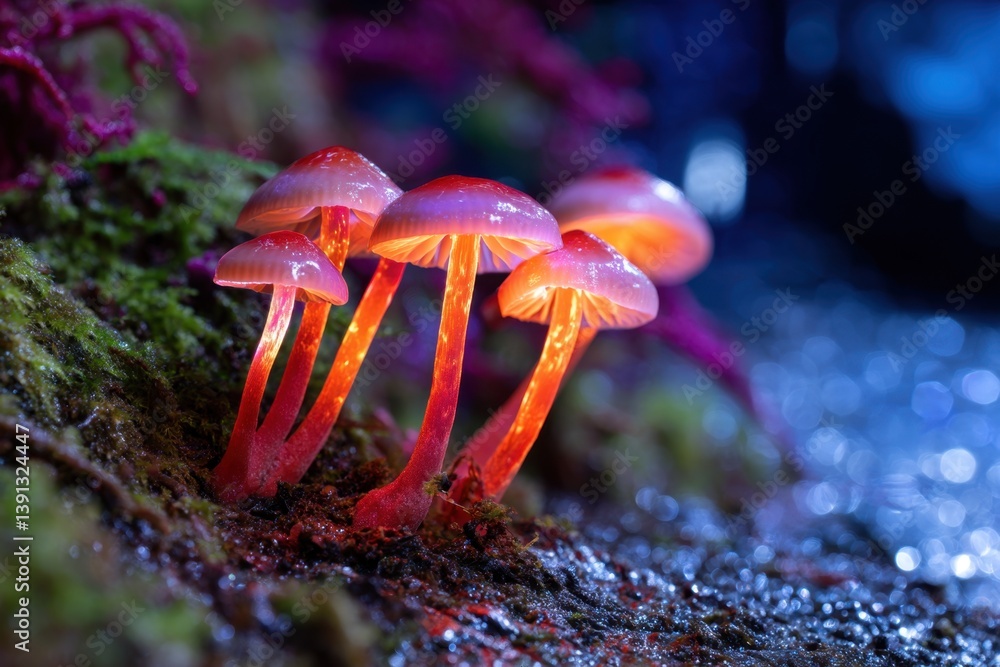 Poster enchanting cluster of glowing mycena mushrooms on mossy bark captivating macro shot with blurred bok