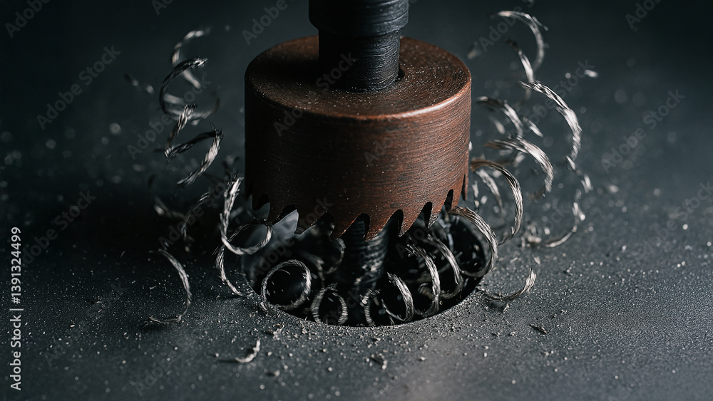 Poster close up view of metal drill bit creating shavings while cutting through surface, showcasing precisi