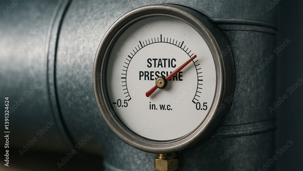 Poster static pressure gauge measuring air duct pressure in engineering applications, showcasing precision 
