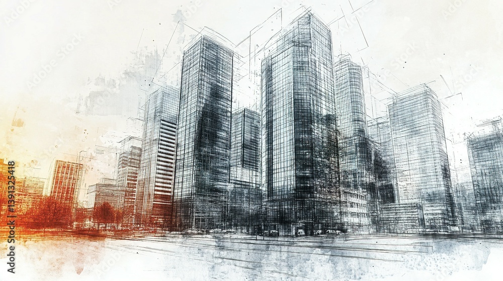 Poster artistic sketch of several tall skyscrapers within a cityscape setting