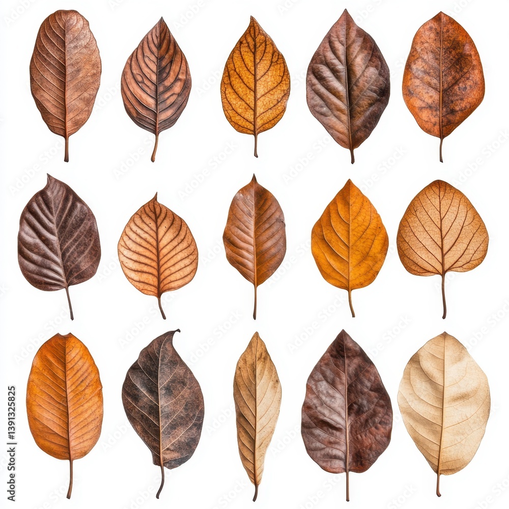 Poster autumnal array of dry leaves isolated on white background showcasing intricate venation and texture 
