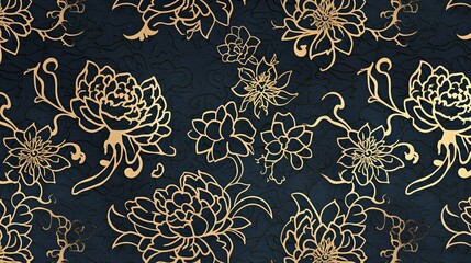 An intricate gold floral pattern on a black background, offering a touch of elegance and luxury for fashion and interior design projects