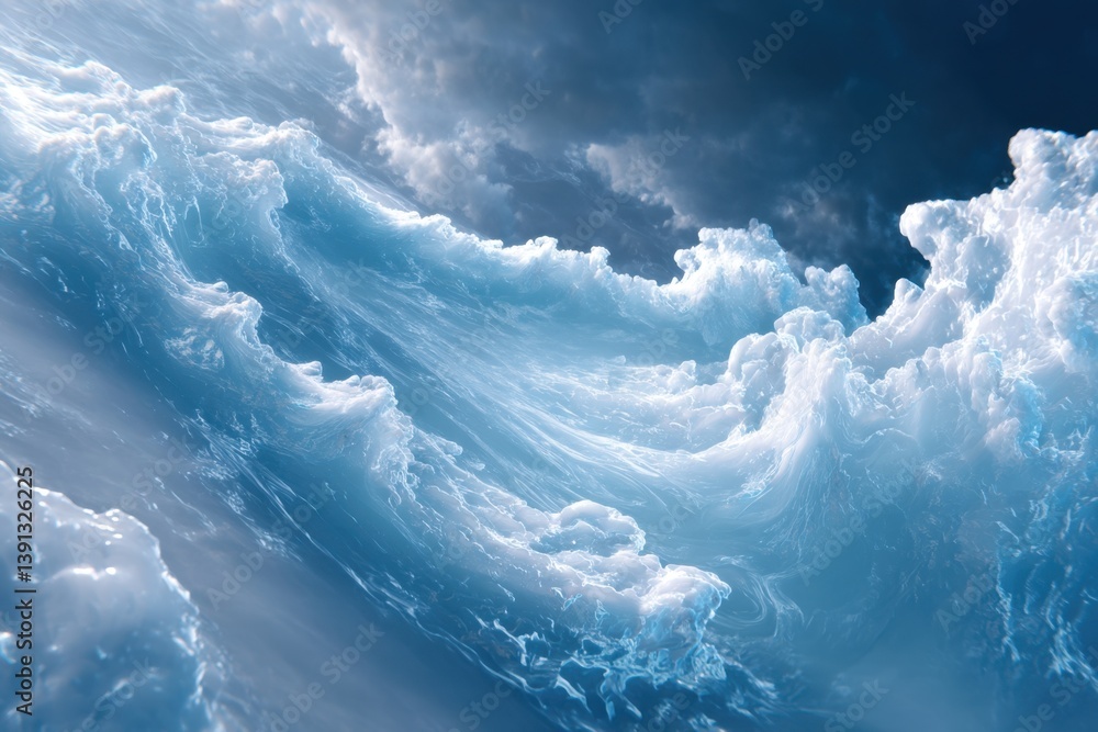 Poster captivating aerial view of ocean waves crashing under a dramatic sky creating a sense of power and s