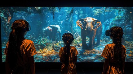 Three girls wearing VR headsets experience a virtual jungle with elephants.