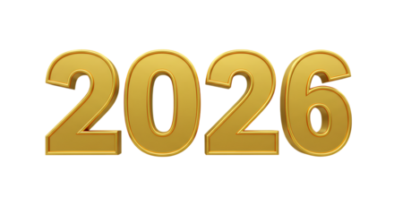 2026 Happy New Year – 3D Gold Numbers Isolated on White Background