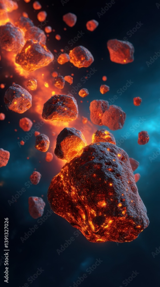 Poster volcanic asteroids drifting through the vast expanse of space with fiery glow and cosmic background 