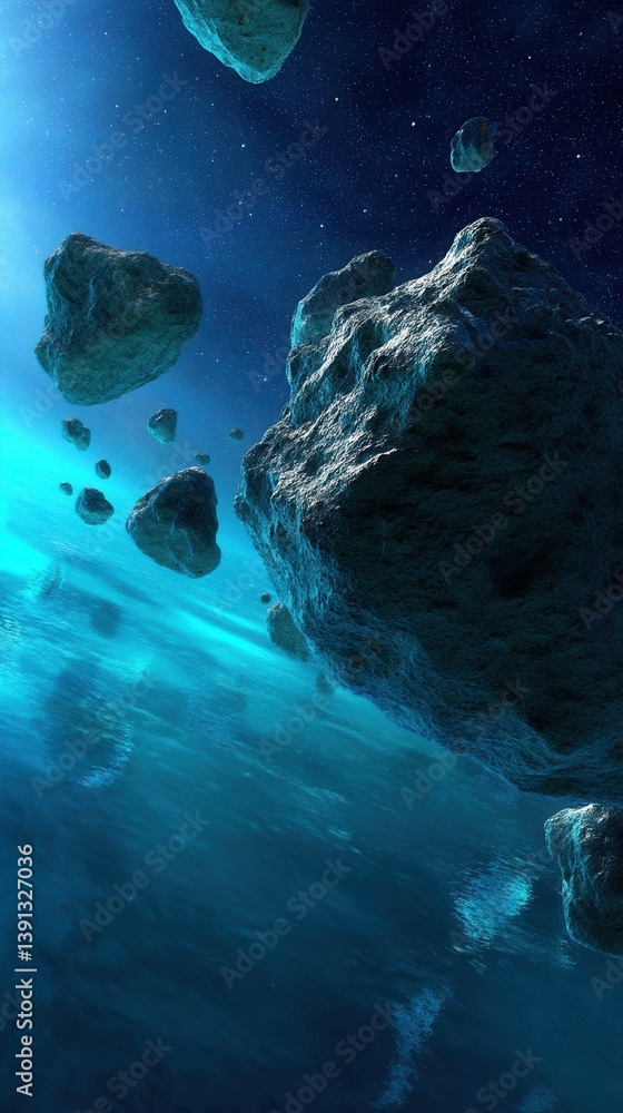 Poster stunning view of asteroids floating in a deep blue cosmic ocean with sparkling stars and ethereal li