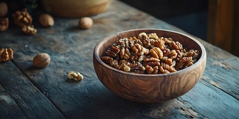 A Rustic Wooden Bowl Overflowing with Aromatic, Shelled Walnuts and Pecans, a Delicious and Nutritious Autumnal Snack